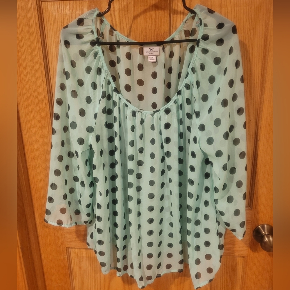 Worthington Mint & Black Polkadot Sheer Blouse